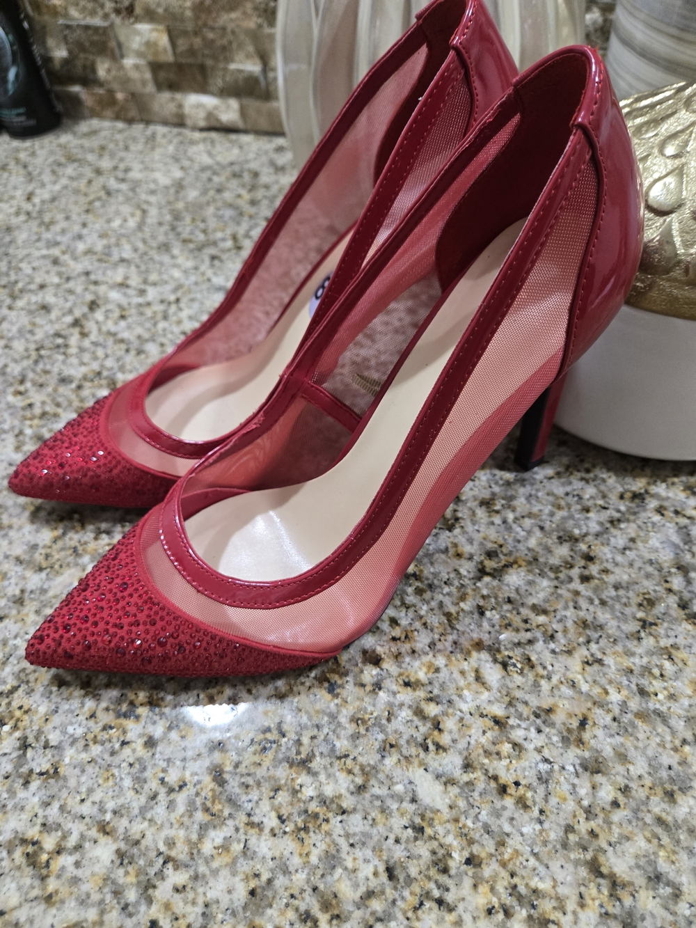 Nine West Red Pointed Mesh & Patent Crystal Pumps